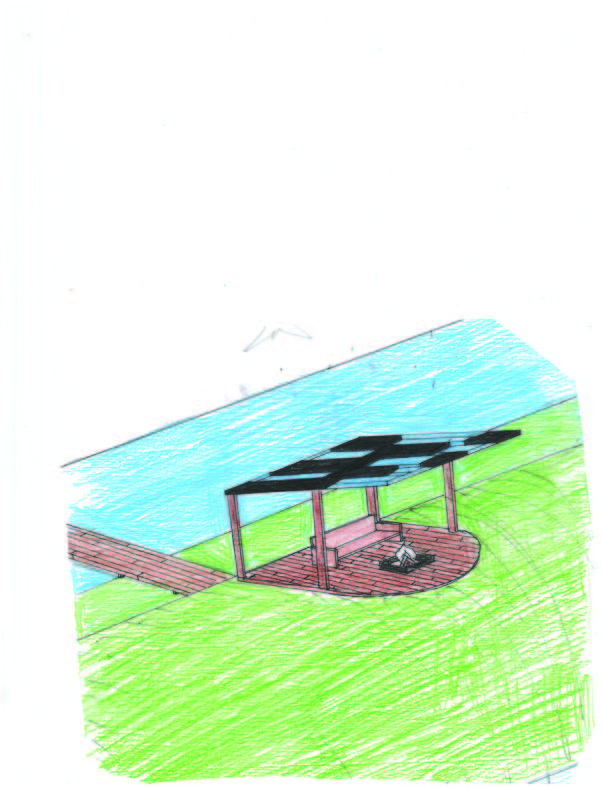 Perspectief overdekt platform aan het water