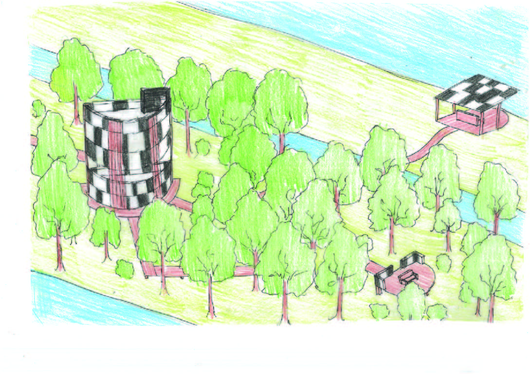 Vogelvluchtperspectief van het totale parkontwerp met paviljoen