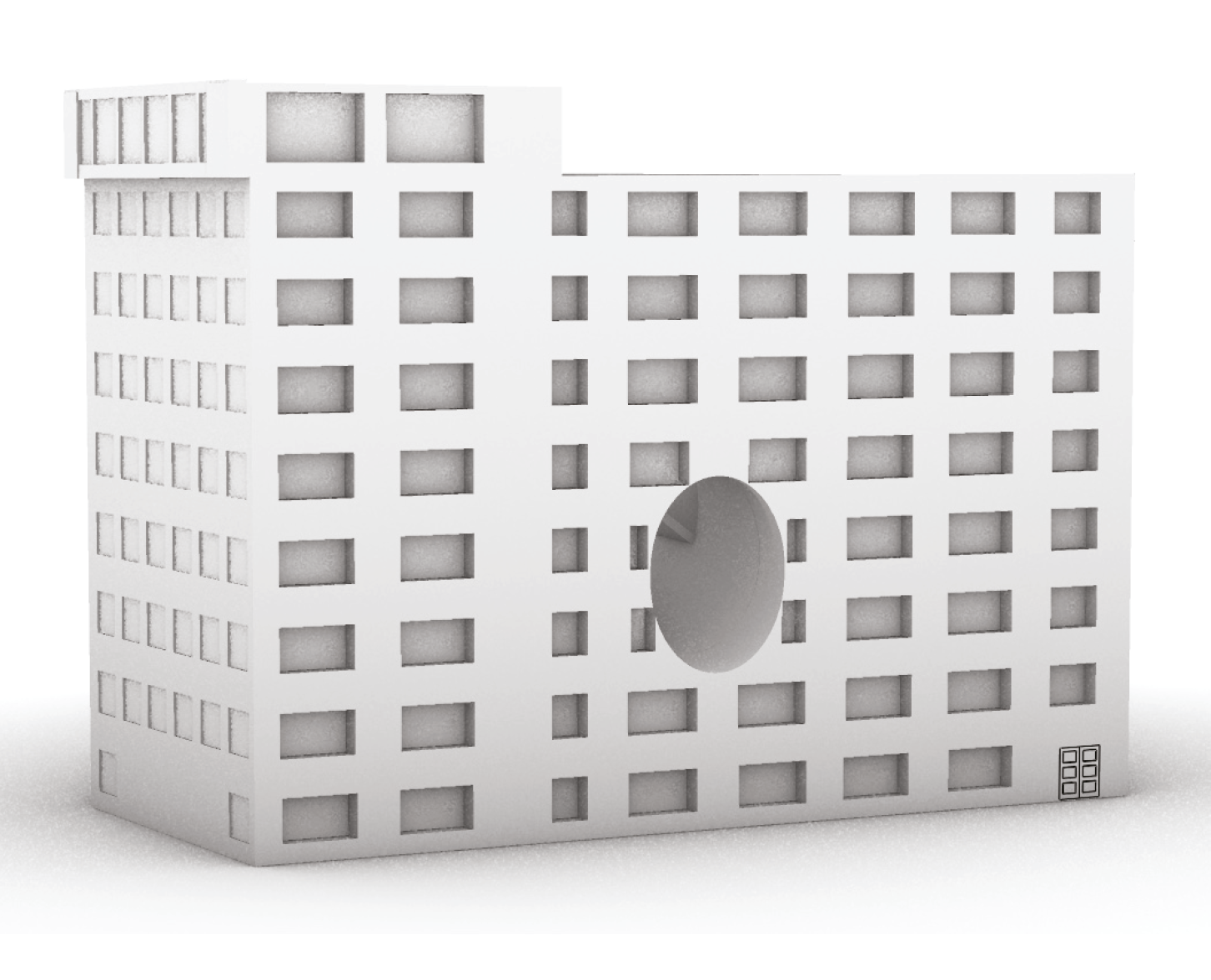 Maquette van het collectieve woongebouw met ronde patio