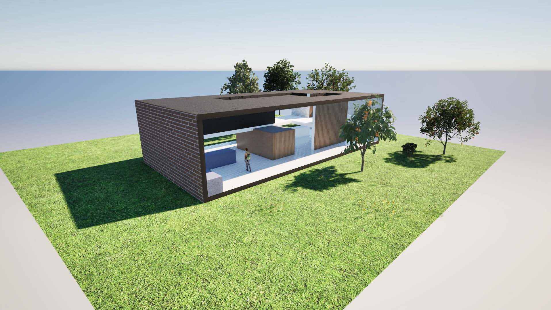 Render van de bakstenen villa met tuin